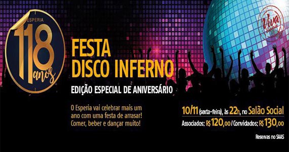 Clube Esperia celebra 118 anos com festa Disco Inferno