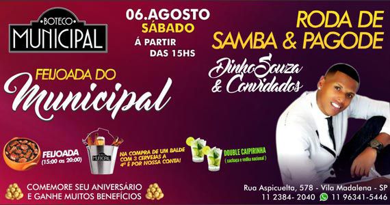 Sábado é dia de feijoada com samba e pagode no Boteco Municipal Sábado é dia de feijoada com samba e pagode no Boteco Municipal