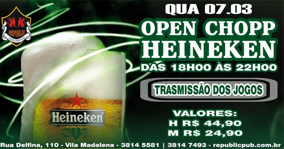 Republic Pub oferece Open Chopp Heineken no happy hour