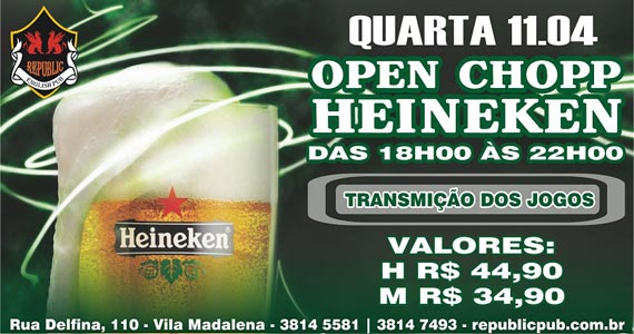 Republic Pub oferece happy hour com Open Chopp Heineken