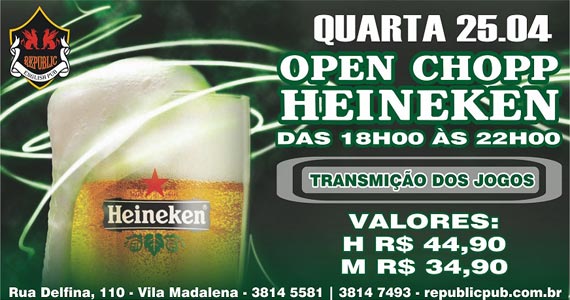 Republic Pub oferece happy hour com Open Chopp Heineken