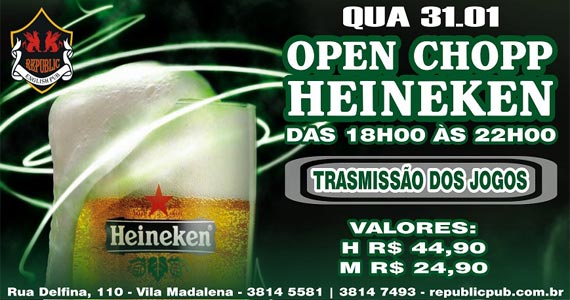Republic Pub recebe happy hour com Open Chopp Heineken na quarta