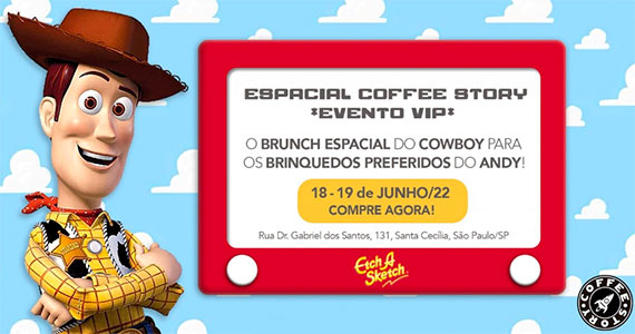 Festa de inauguração da Coffee Story com buffet colonial e personagens do Toy Story
