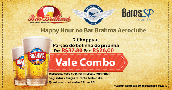 2 Chopps + Porção de Bolinho de PICANHA, de R$37,80 por R$26,00 no Bar Brahma Aeroclube